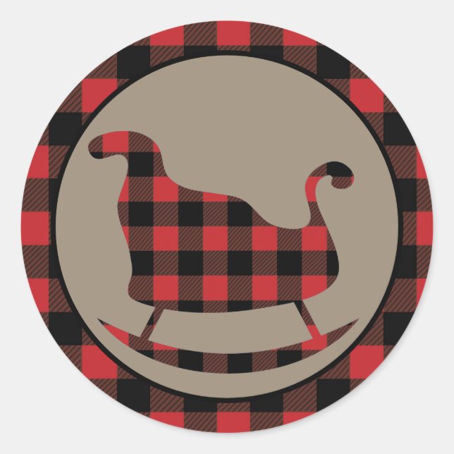 Red Buffalo Kariert Border Christmas Sleigh Runder Aufkleber (Vorderseite)
