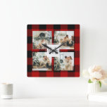 Red Buffalo Kariert & Collage Foto mit anfängliche Quadratische Wanduhr<br><div class="desc">Red Buffalo Kariert & Collage Foto mit anfänglichem</div>