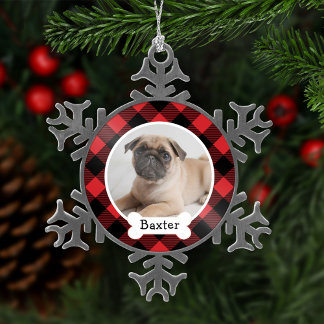 Red Buffalo Kariert Custom Pet Puppy Dodge Foto Schneeflocken Zinn-Ornament
