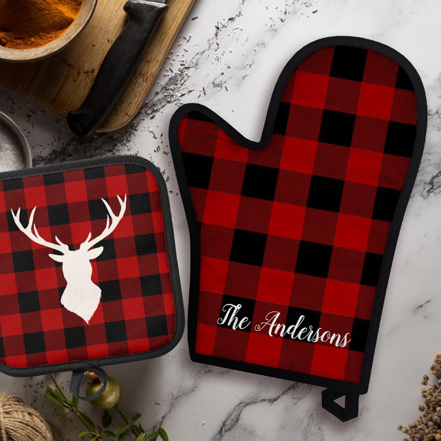 Red Buffalo Kariert & Deer | Geschenk für persönli Ofenhandschuh & Topflappen-Set (Von Creator hochgeladen)