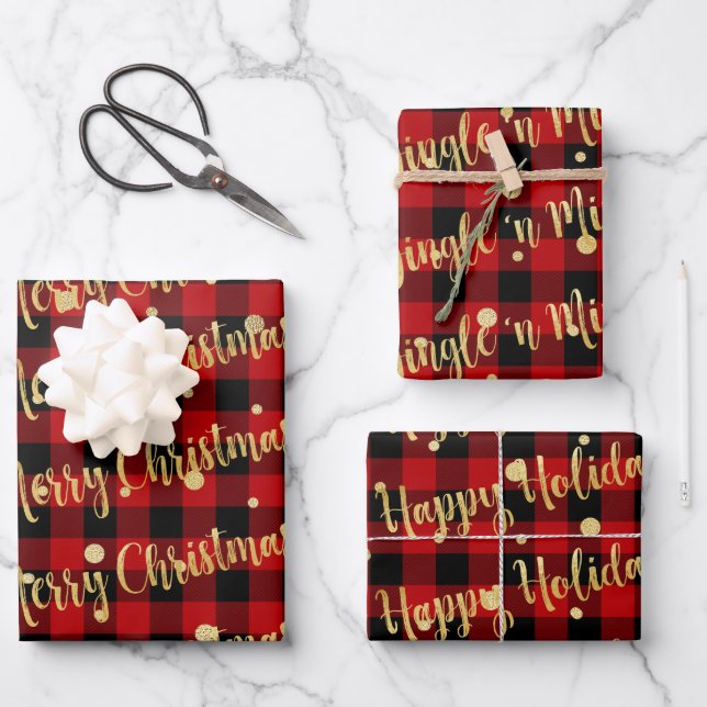 Red Buffalo Kariert Gold Writing Weihnachtsschmuck Geschenkpapier Set (Vorderseite)