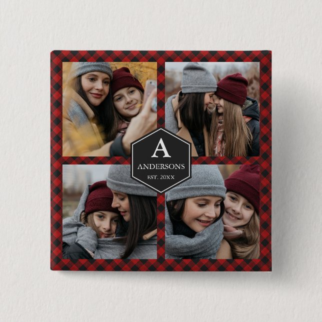 Red Buffalo Kariert Lumberjack Familienfoto Collag Button (Vorderseite)
