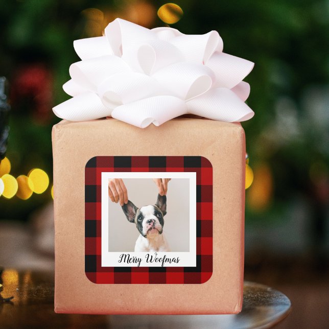 Red Buffalo Kariert & Merry Woofmas mit Hund-Foto Quadratischer Aufkleber (Von Creator hochgeladen)