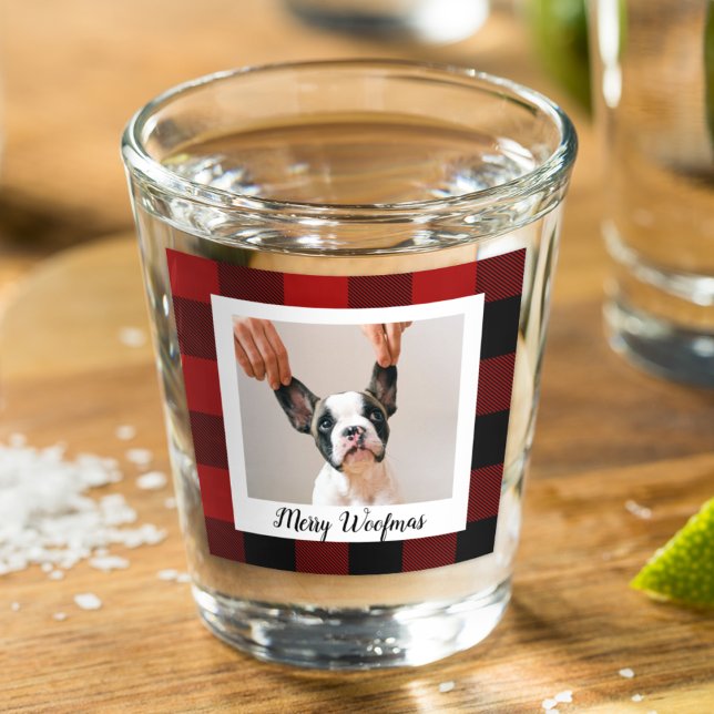 Red Buffalo Kariert & Merry Woofmas mit Hund-Foto Schnapsglas (Von Creator hochgeladen)