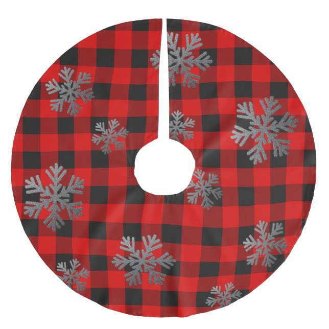 Red Buffalo Kariert Silver Glitzer Schneeflocken Polyester Weihnachtsbaumdecke (Vorderseite)