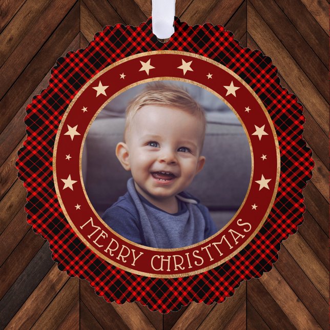 Red Buffalo Kariert & Stars Frohe Weihnachten Rust Ornament Karte (Von Creator hochgeladen)