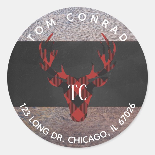 Red Buffalo Karierter Hirschkopf Monogram Address  Runder Aufkleber (Vorderseite)
