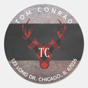 Red Buffalo Karierter Hirschkopf Monogram Address Runder Aufkleber