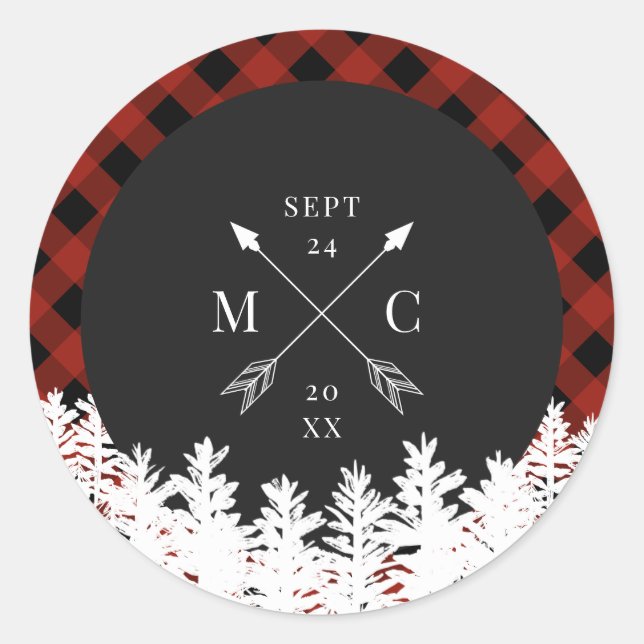 Red Buffalo Karo Crossed Arrow Monogram Wedding Runder Aufkleber (Vorderseite)
