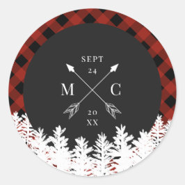 Red Buffalo Karo Crossed Arrow Monogram Wedding Runder Aufkleber