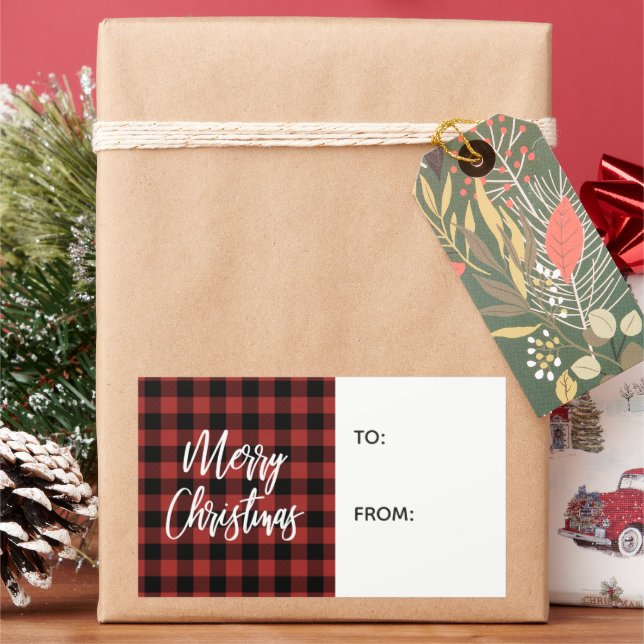 Red Buffalo Karo Frohe Weihnachtsgeschenke Etikett Rechteckiger Aufkleber (Feiertag)