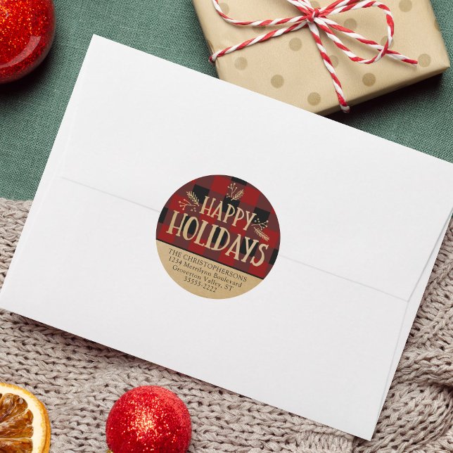 Red Buffalo Karo Kariert Brown Kraft Rücksendeadre Runder Aufkleber (Von Creator hochgeladen)