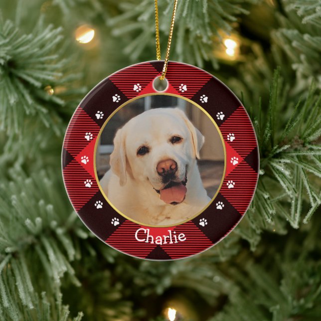 Red Buffalo Karo Kariert Dog Foto & Name Keramik Ornament (Baum)