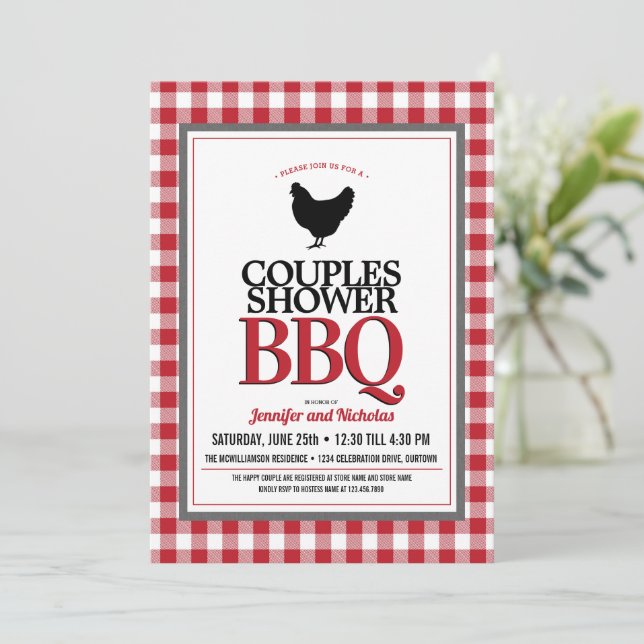 Red Buffalo Karo Paares Polterabend GRILLEN Einladung (Stehend Vorderseite)