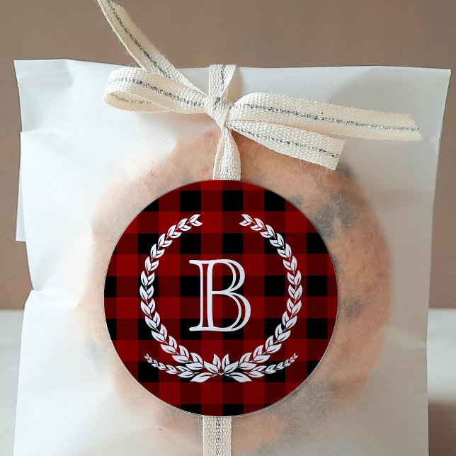 Red Buffalo Karo Pattern Monogram Runder Aufkleber (Von Creator hochgeladen)