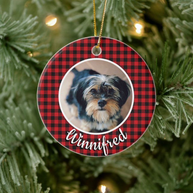 Red Buffalo Karo Personalisiert Pet Foto Weihnacht Keramik Ornament (Baum)