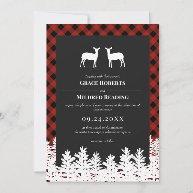 Red Buffalo Karo Rustic Deer does Lesbian Wedding Einladung (Vorderseite)
