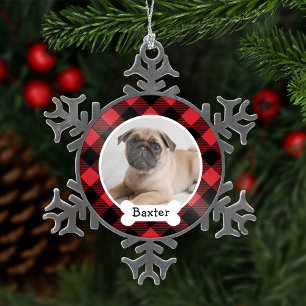 Red Buffalo Plaid Custom Pet Puppy Dog Photo Schneeflocken Zinn-Ornament