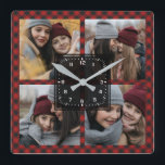 Red Buffalo Plaid Lumberjack Family Photo Collage Quadratische Wanduhr<br><div class="desc">Upload your favorite photos to make your own unique personalized photo gift.</div>