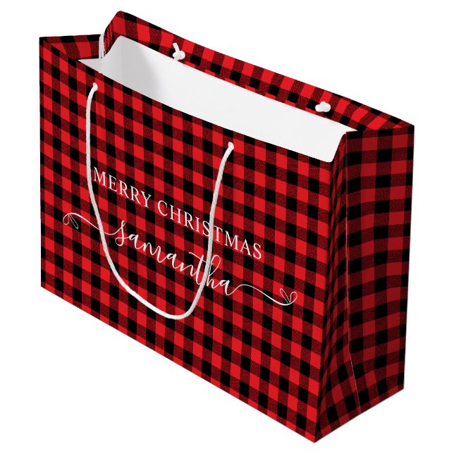 Red Buffalo Plaid Merry Christmas Cute Bow Name Große Geschenktüte (Vorderseite Schrägansicht)