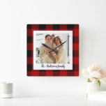 Red Buffalo Plaid & Personal Name And Photo Quadratische Wanduhr<br><div class="desc">Red Buffalo Plaid & Personal Name And Photo</div>