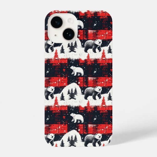 Red Buffalo Plaid Polar Bear iPhone 14 Hülle (Rückseite)