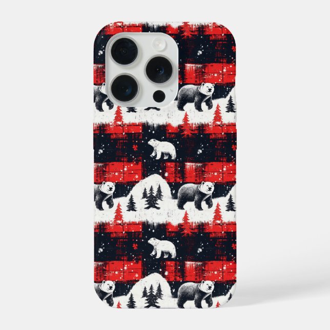 Red Buffalo Plaid Polar Bear iPhone 15 Pro Hülle (Rückseite)