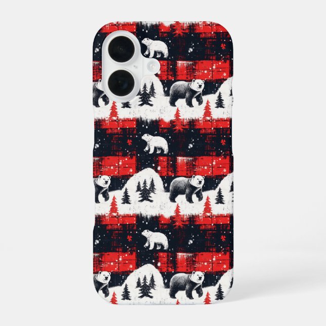 Red Buffalo Plaid Polar Bear iPhone 16 Hülle (Rückseite)