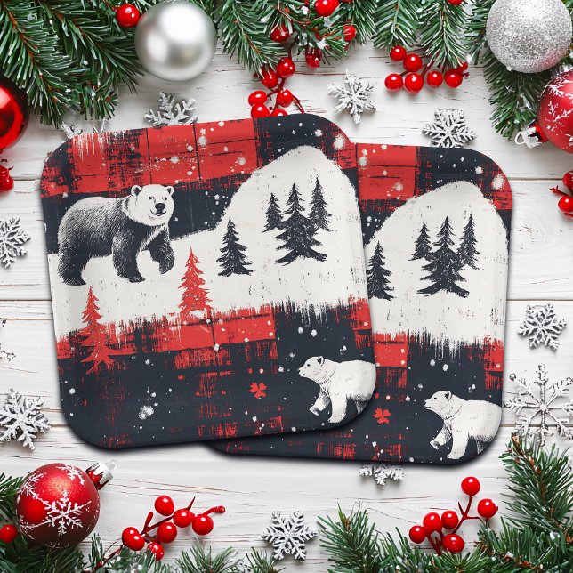 Red Buffalo Plaid Polar Bear Pappteller (Von Creator hochgeladen)