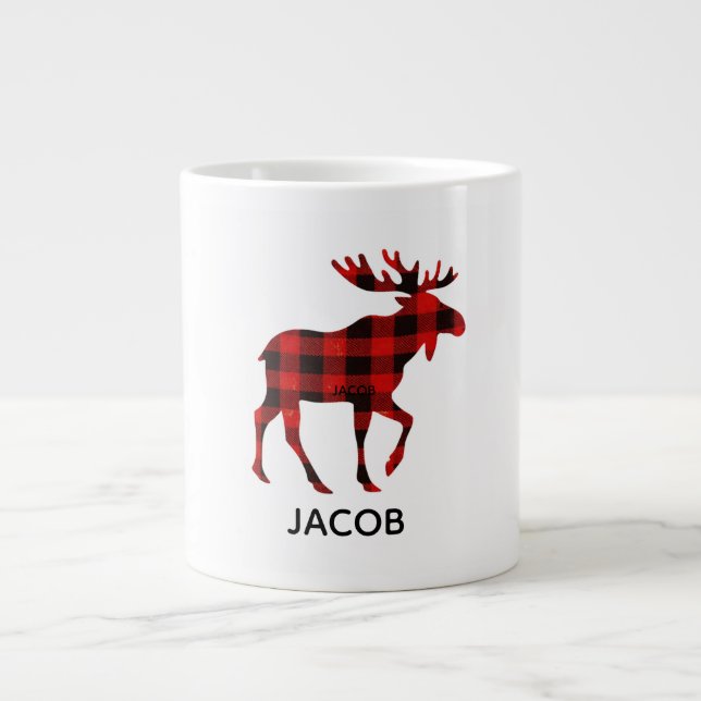 Red Buffalo Plaid Reindeer Christmas Monogram  Jumbo-Tasse (Vorderseite)