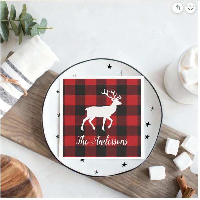 Red Buffalo Plaid & Reindeer | Personal Name Gift  Serviette (Von Creator hochgeladen)
