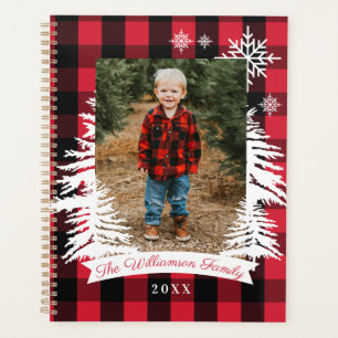 Red Buffalo Plaid Rustic Pine Trees Family Photo