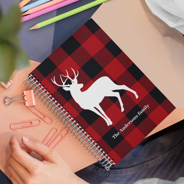 Red Buffalo Plaid & White Deer | Nom personnel (Créateur téléchargé)