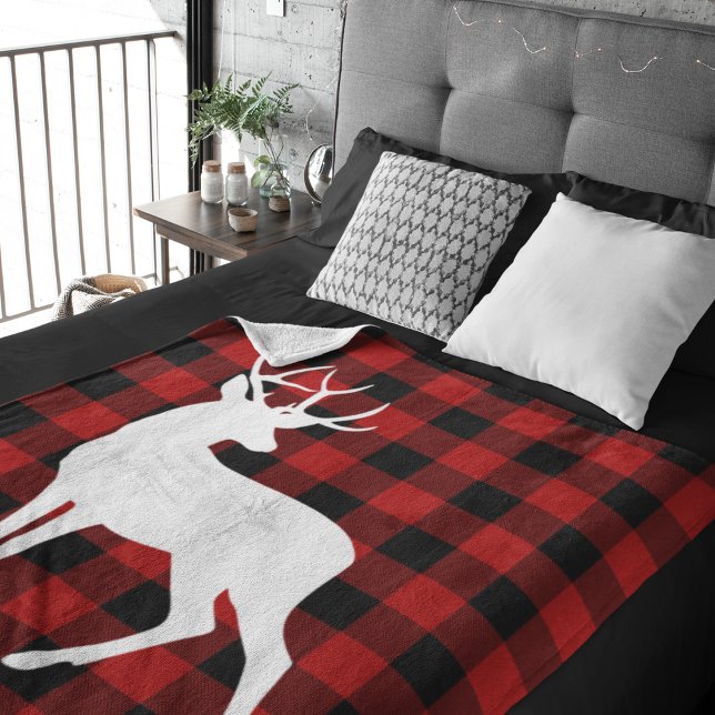 Red Buffalo Plaid & White Deer | Nom personnel (Créateur téléchargé)
