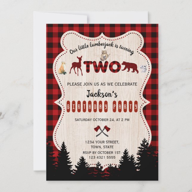 Red Buffalo Woodland Animals Boy Birthday Einladung (Vorderseite)