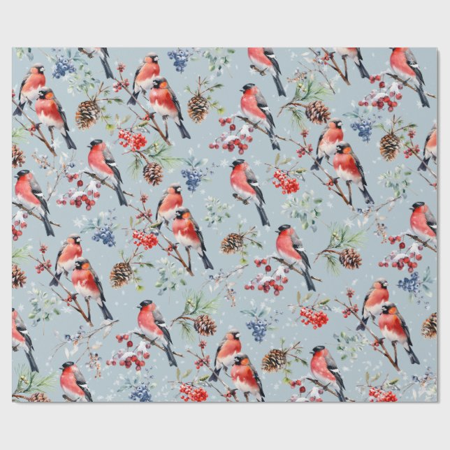 Red Bullfinch Weihnachtsvögel Berries & Pine Cones Geschenkpapier (Flach)