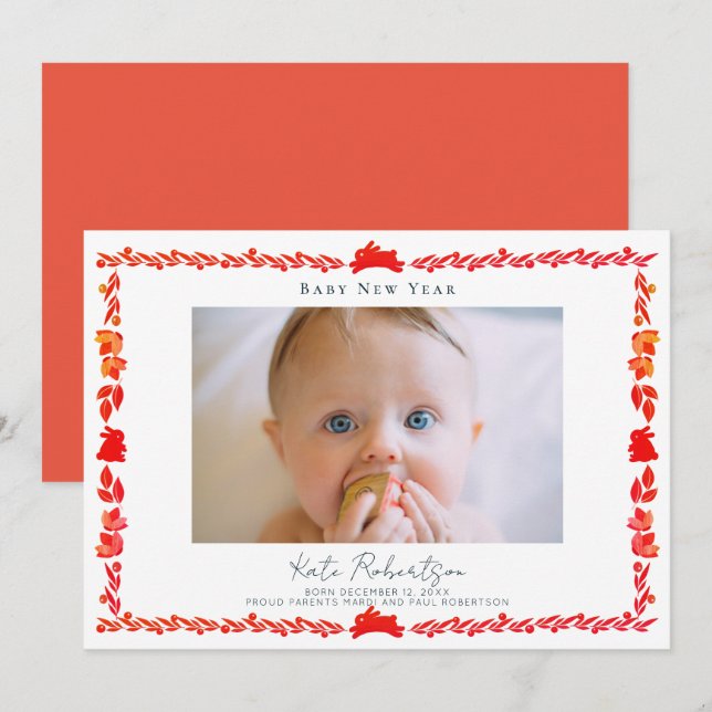 Red Bunny Folk Art Baby Carte photo de la nouvelle (Devant / Derrière)