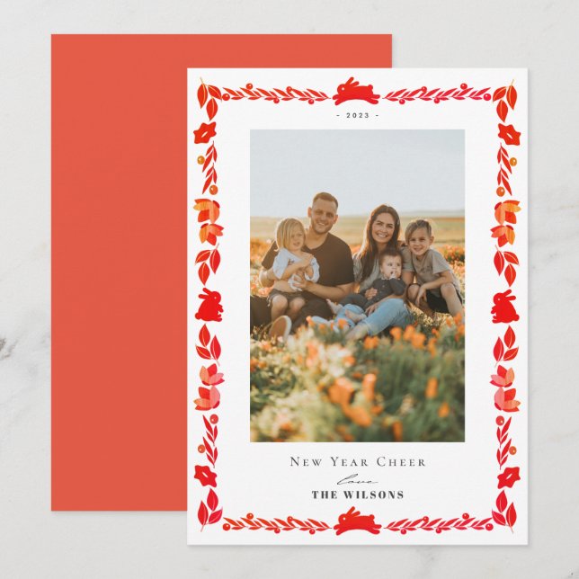 Red Bunny Folk Art New Year Holiday Foto Card Einladung (Vorne/Hinten)