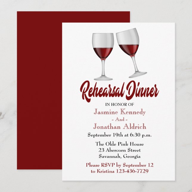 Red Burgund Probe Dinner Weingläser Hochzeit Einladung (Vorne/Hinten)