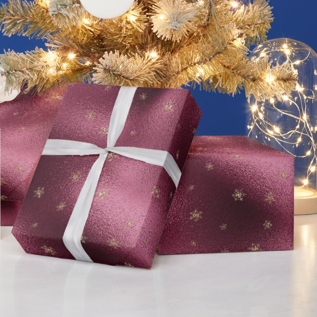 Red Burgundi Gold Glitzer Snowflakes   Geschenkpapier (Feiertage)