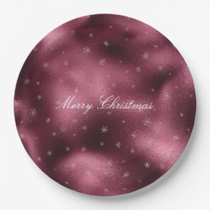 Red Burgundi Gold Glitzer Snowflakes     Pappteller