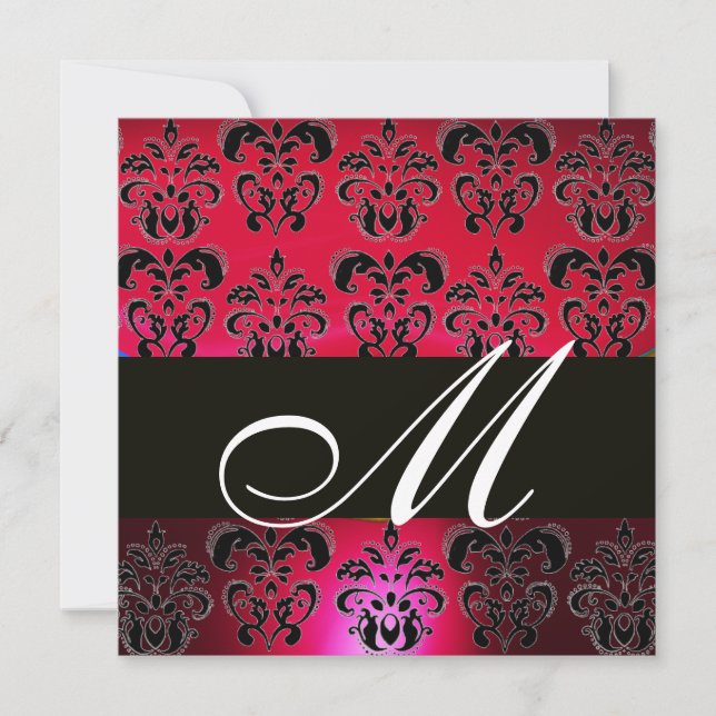 RED BURGUNDY BLACK DAMASK MONOGRAM, rubinweiß Einladung (Vorderseite)