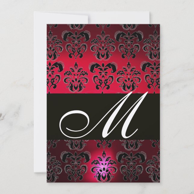 RED BURGUNDY BLACK DAMASK MONOGRAM Ruby Champagne Einladung (Vorderseite)