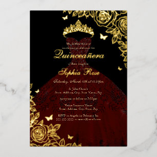 Red Burgundy Black Gold Rose Dress Quinceanera Folieneinladung