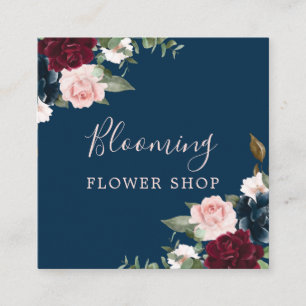 Red Burgundy & Blue Elegante Blume Quadratische Visitenkarte
