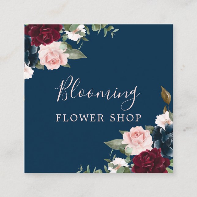 Red Burgundy & Blue Elegante Blume Quadratische Visitenkarte (Vorderseite)