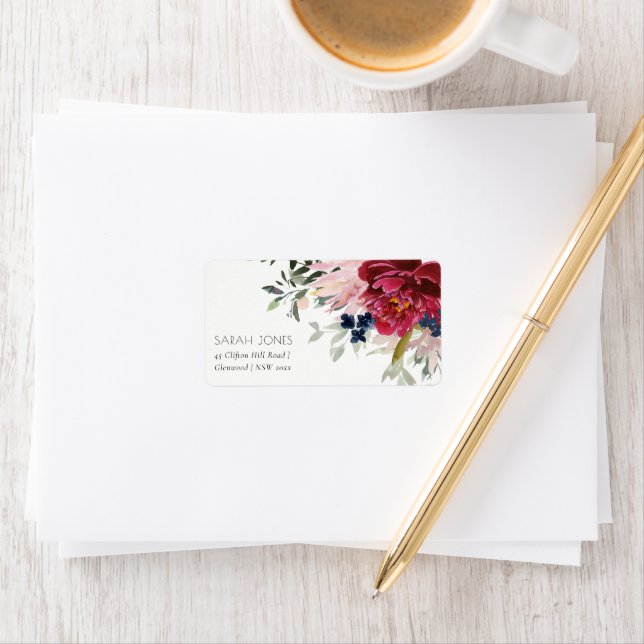 Red Burgundy Blush Blue Floral Bunch-Adresse Adressaufkleber (Insitu)
