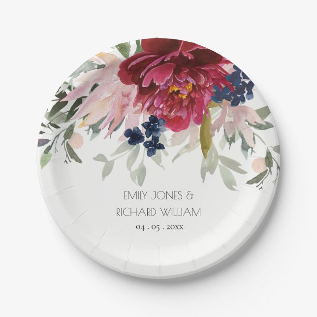 Red Burgundy Blush Blue Floral Wedding Bunch Pappteller (Vorderseite)