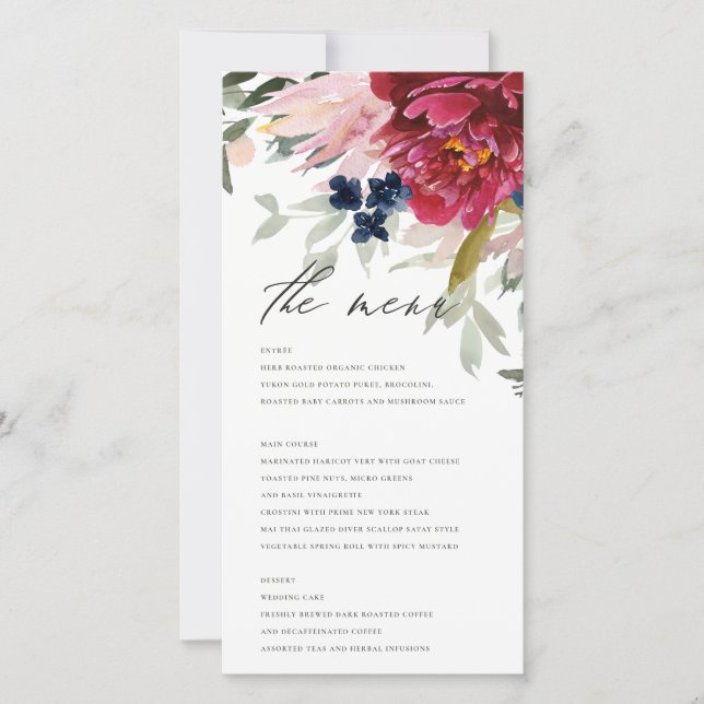Red Burgundy Blush Blue Floral Wedding Menu Card Dankeskarte (Vorderseite)