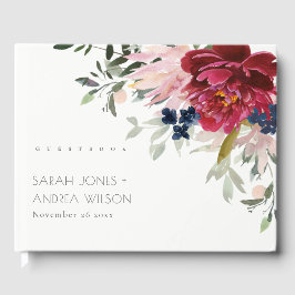 Red Burgundy Blush Blue Peony Floral Bunch Wedding Gästebuch
